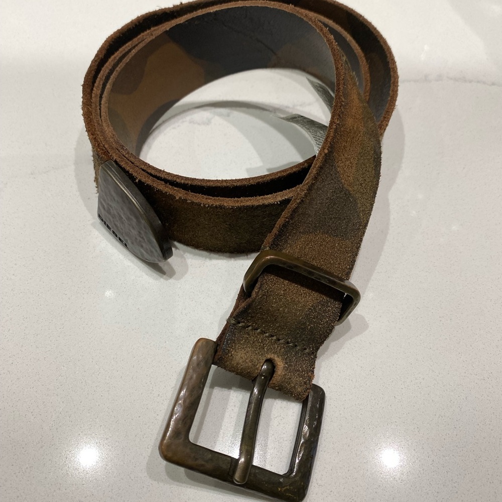Diesel Camo Leather Belt with Antique Brass Buckle